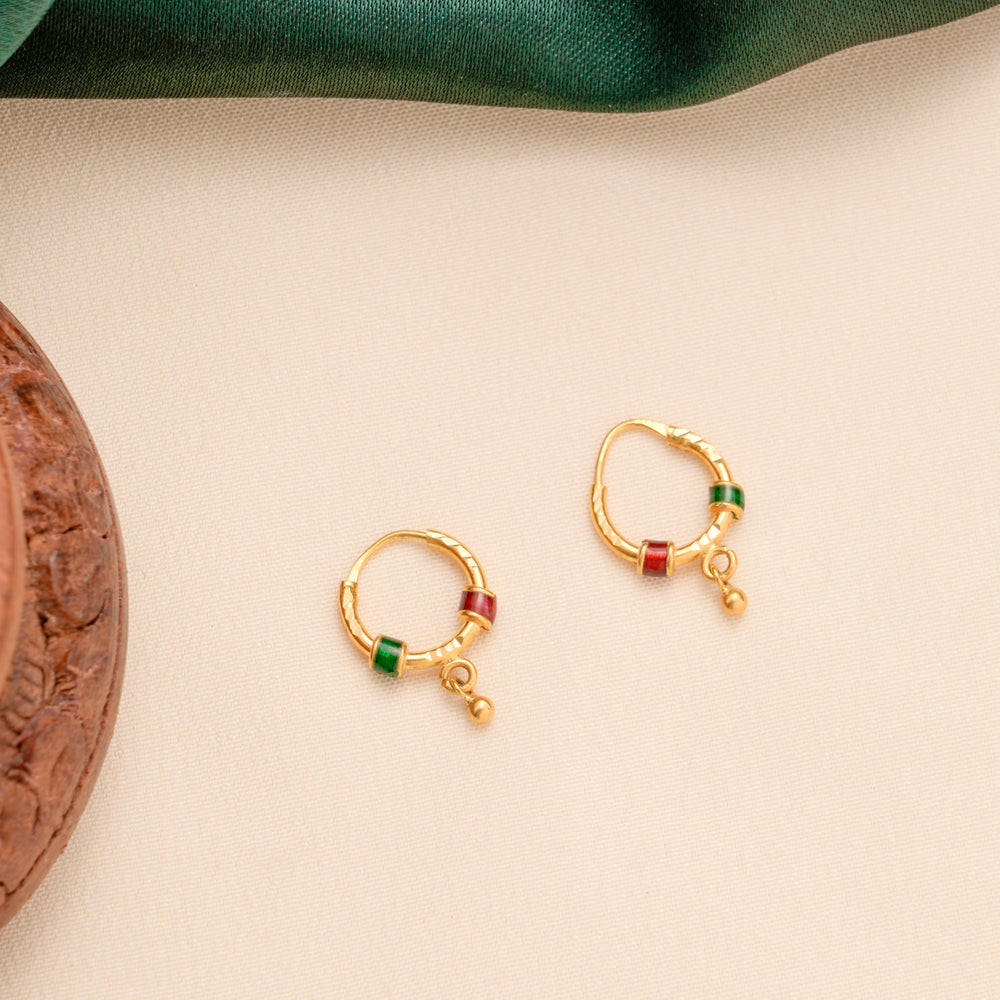 Green Red Beaded Drop Hoop Gold Earrings