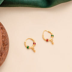 Green Red Beaded Drop Hoop Gold Earrings