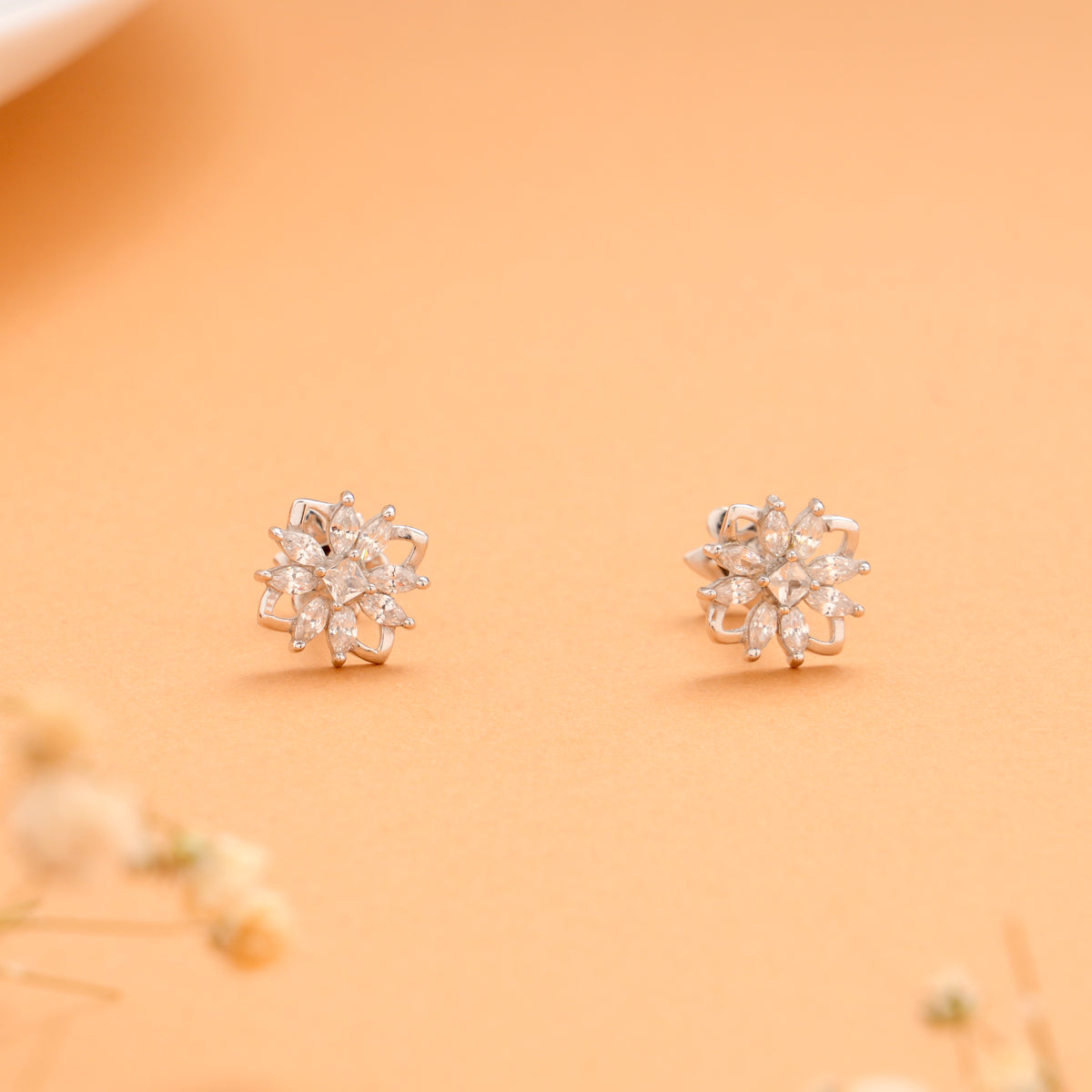 Elegant Square Flower Design Silver Stud