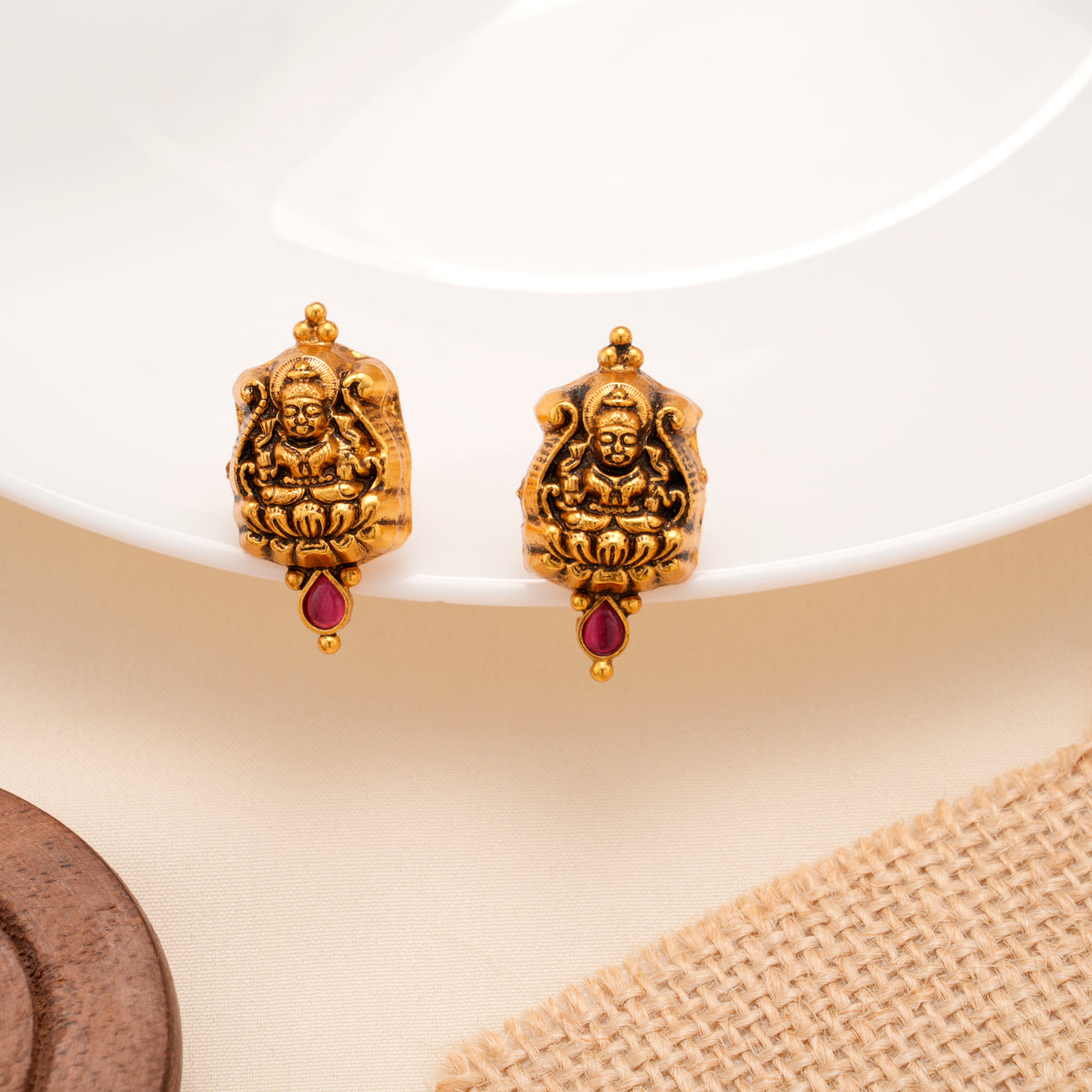 Elite Antique Lakshmi Ruby Stone Golden Earring