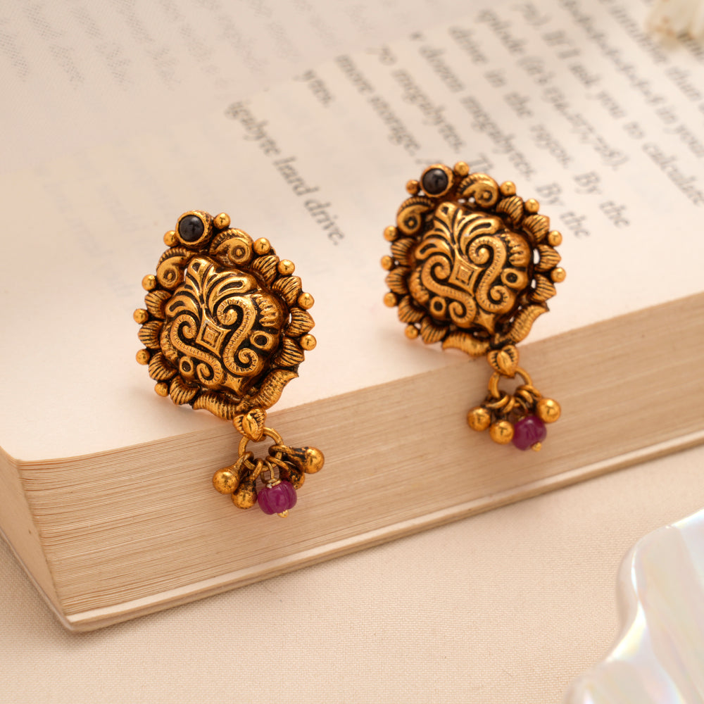 Classic Floral Ruby Bead Drop Silver Stud