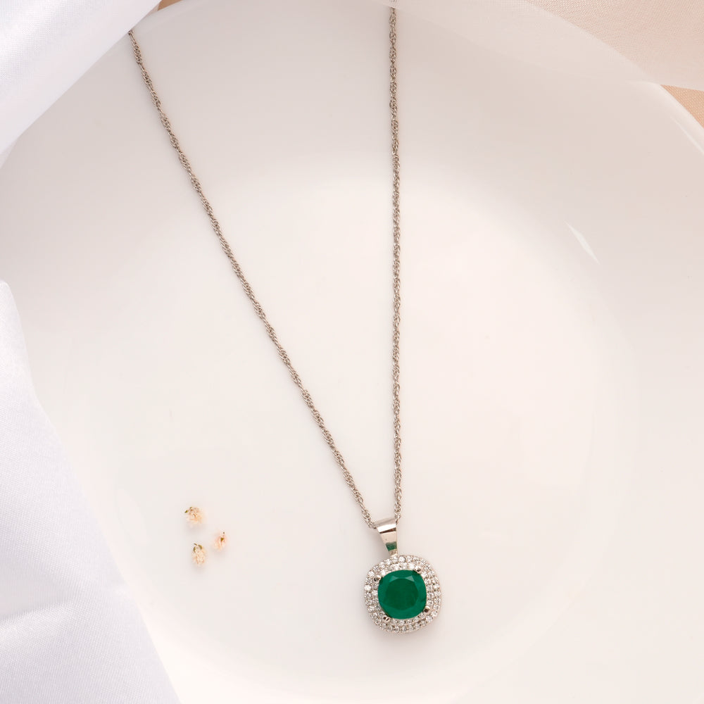 Halo Emerald Pendant Silver Chain