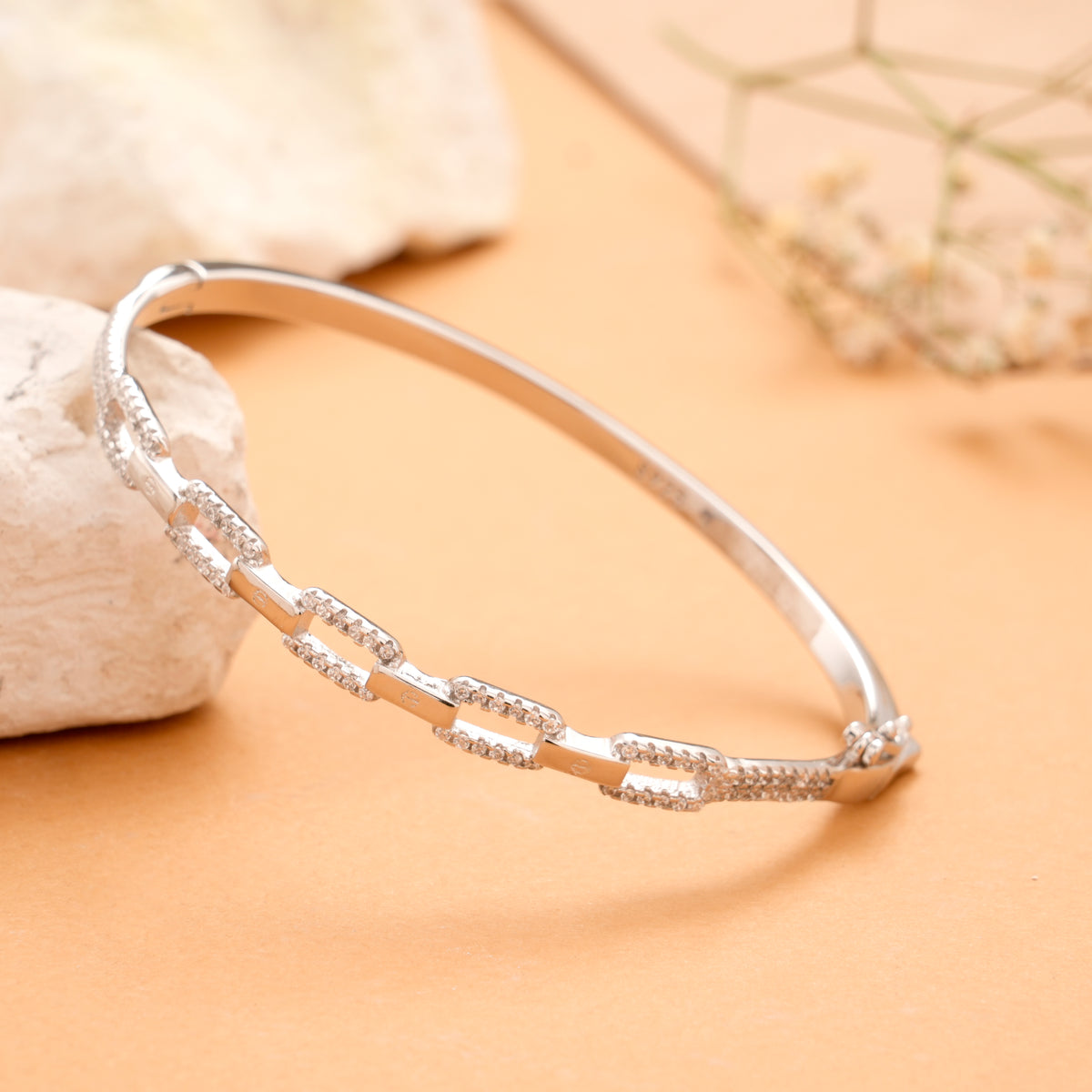 Rectangular Link White Stone Silver Kada