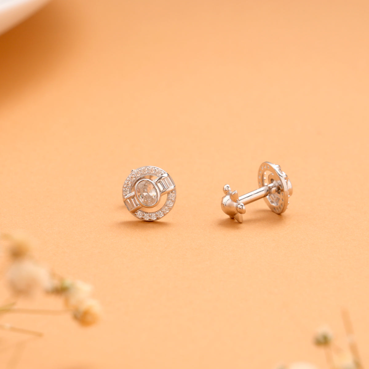Elegant Halo Pattern White Stone Silver Stud