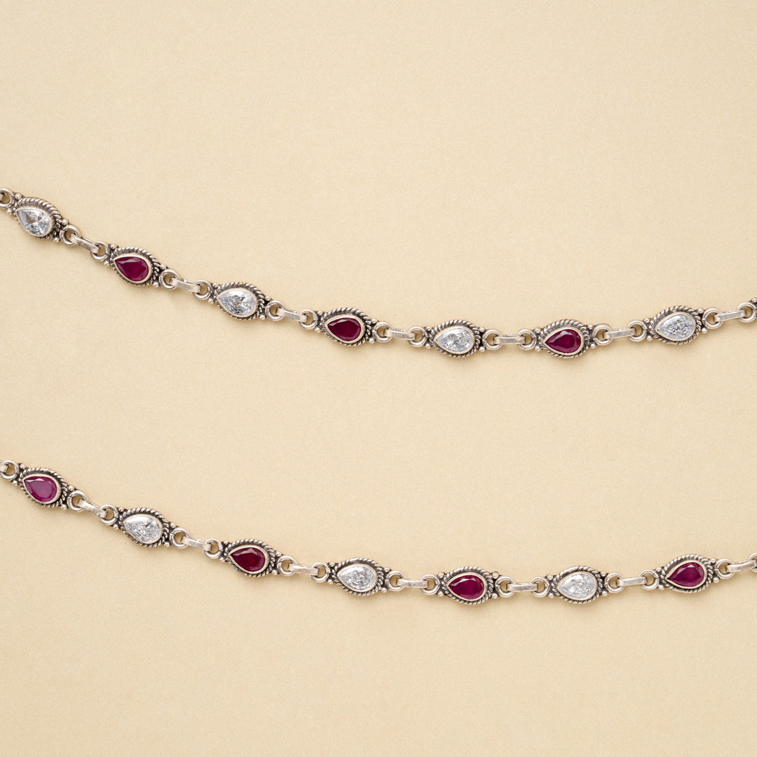 Silver Elegant Dual Stone Link Anklet