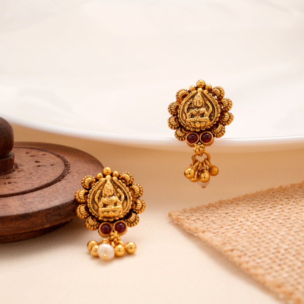 Goddess Lakshmi Golden and Pearl Drop Earring