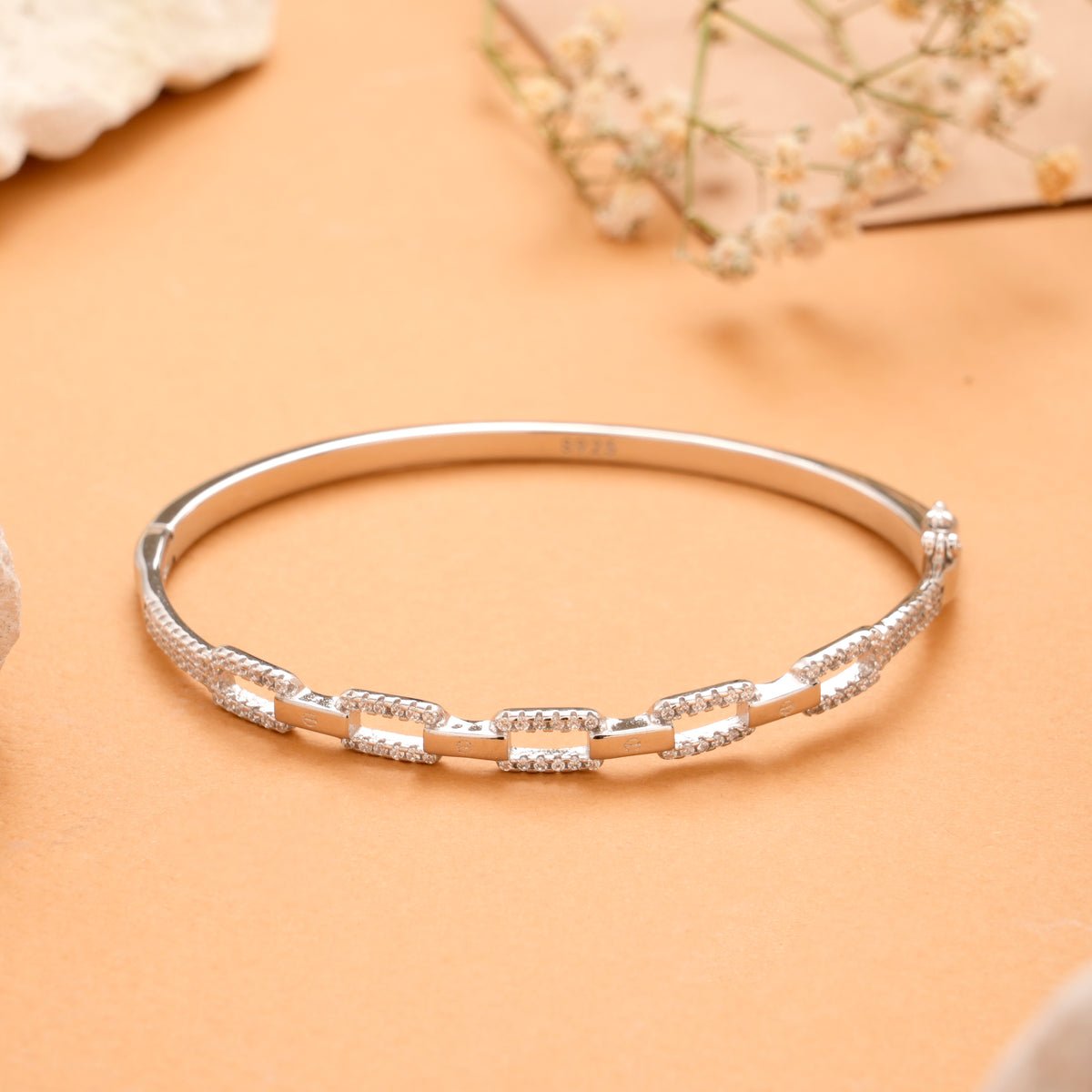 Rectangular Link White Stone Silver Kada