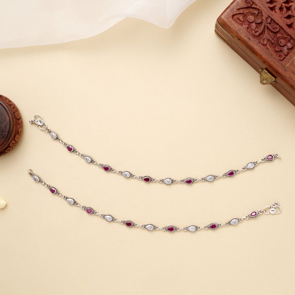 Silver Elegant Dual Stone Link Anklet