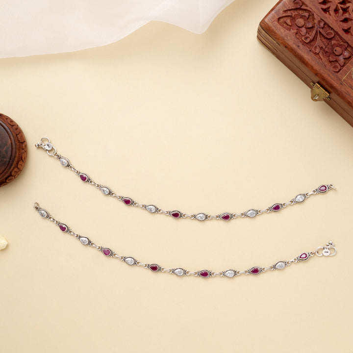 Silver Elegant Dual Stone Link Anklet
