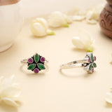 Elegant Ruby Petal Cluster Silver Toe Ring