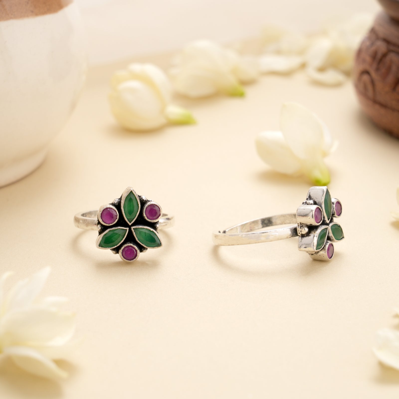 Elegant Ruby Petal Cluster Silver Toe Ring