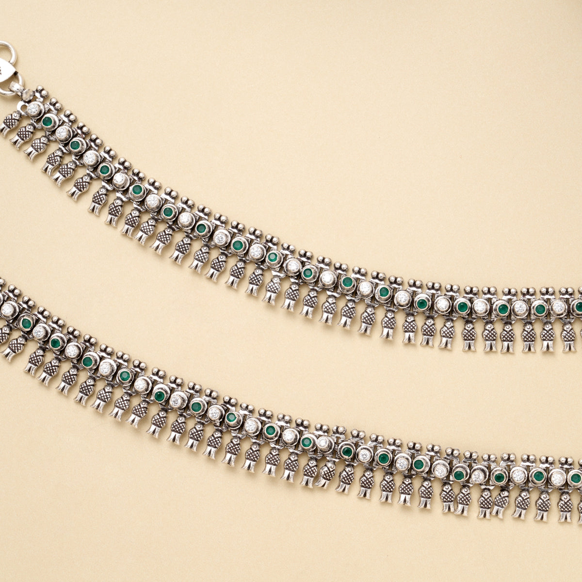 Emerald Beaded Tribal Silver Anklet