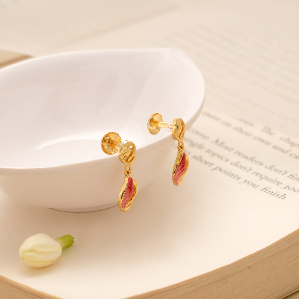 Charming Red Enamel Flower Golden Earring