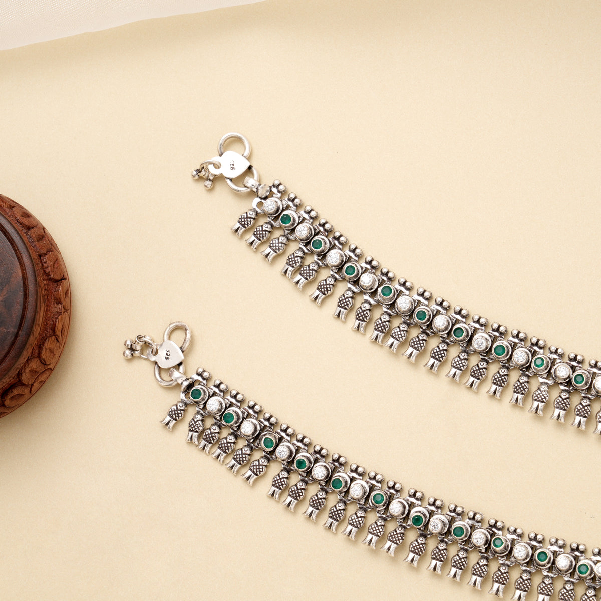 Emerald Beaded Tribal Silver Anklet