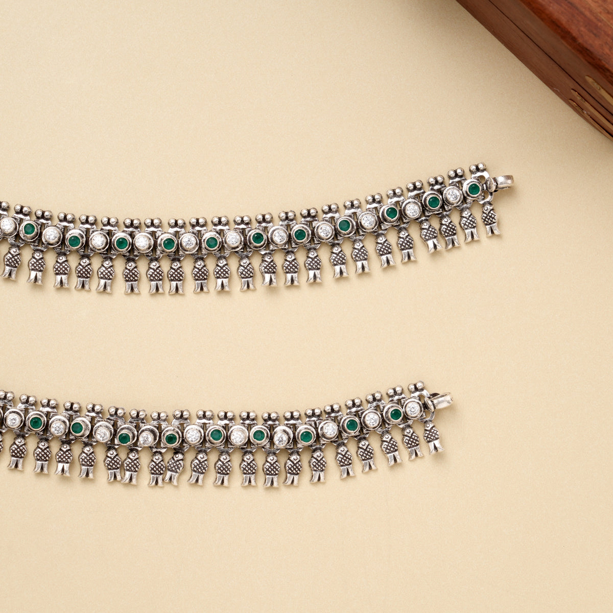 Emerald Beaded Tribal Silver Anklet