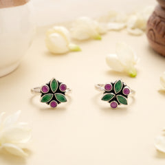 Elegant Ruby Petal Cluster Silver Toe Ring