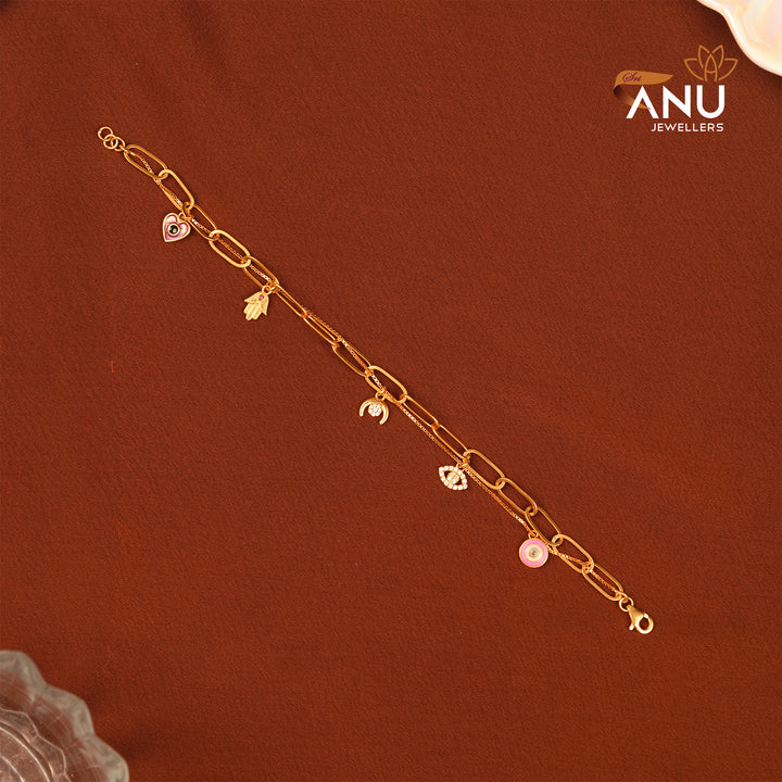 Gold Customized Charm Bracelet with Heart, Moon and Pink Enamel Charms