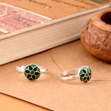 Floral Design Green Black Enamel Silver Toe Ring