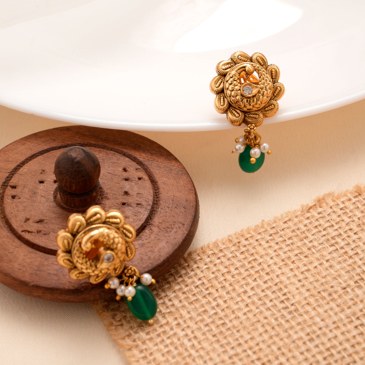 Elite Golden Peacock with Emerald Drops Earring