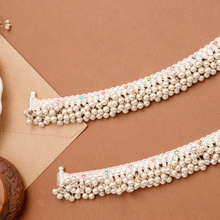 Color Enamel Pattern Drop Silver Anklet with Bells