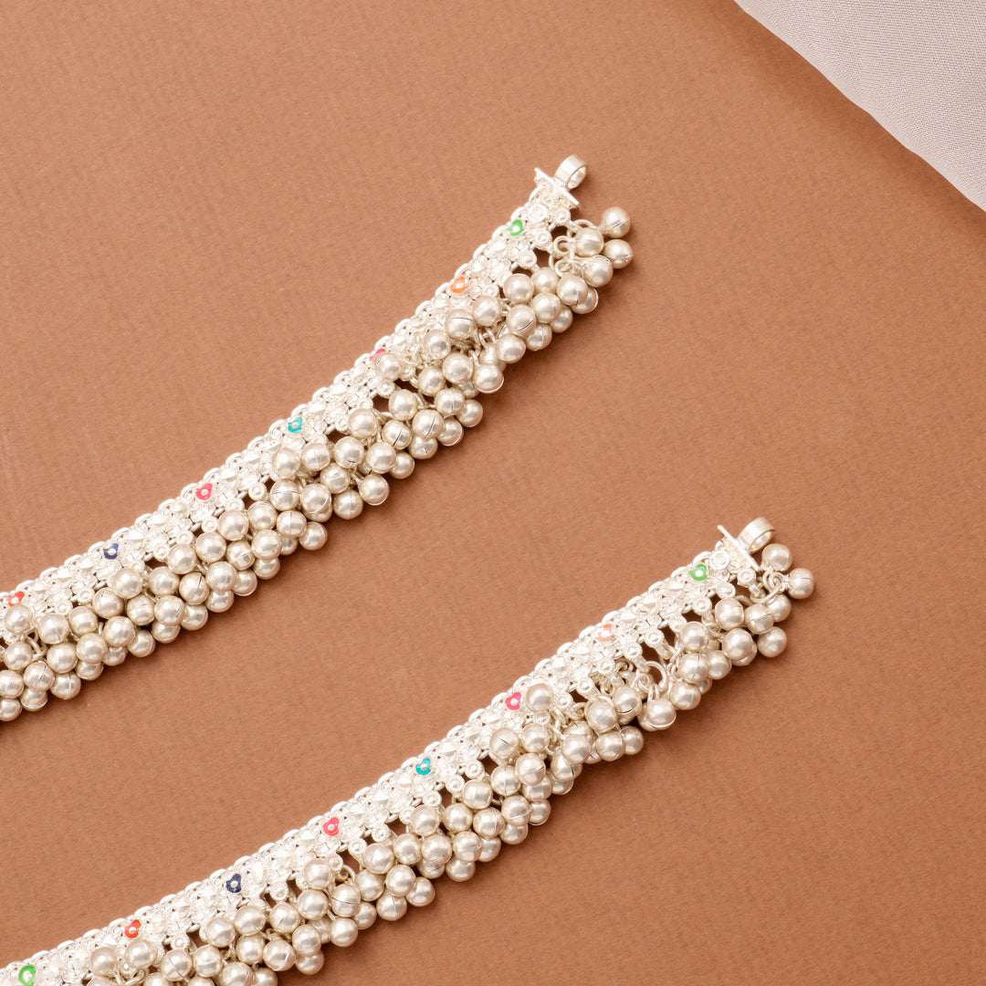 Color Enamel Pattern Drop Silver Anklet with Bells