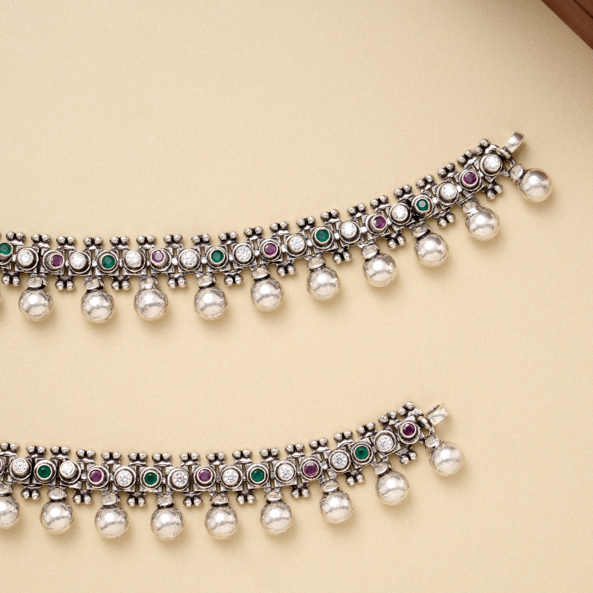 Silver Ruby Teardrop Link Antique Anklet