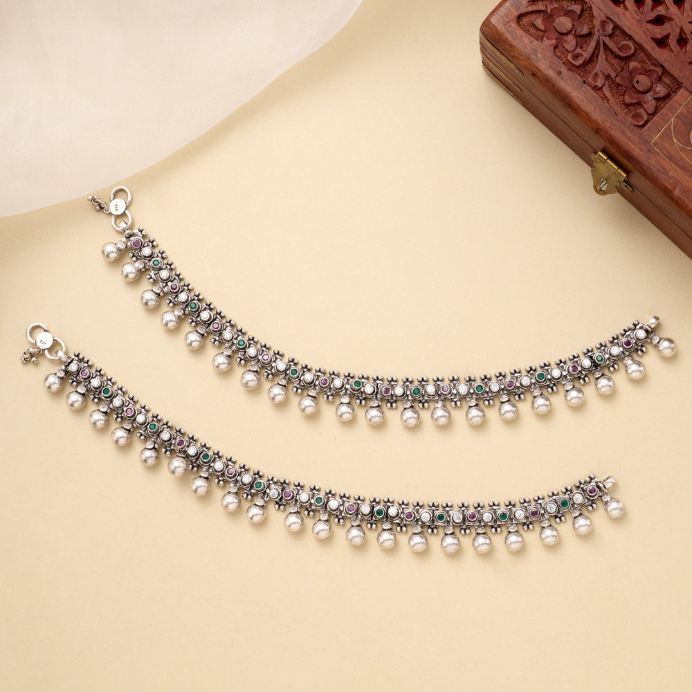Silver Ruby Teardrop Link Antique Anklet