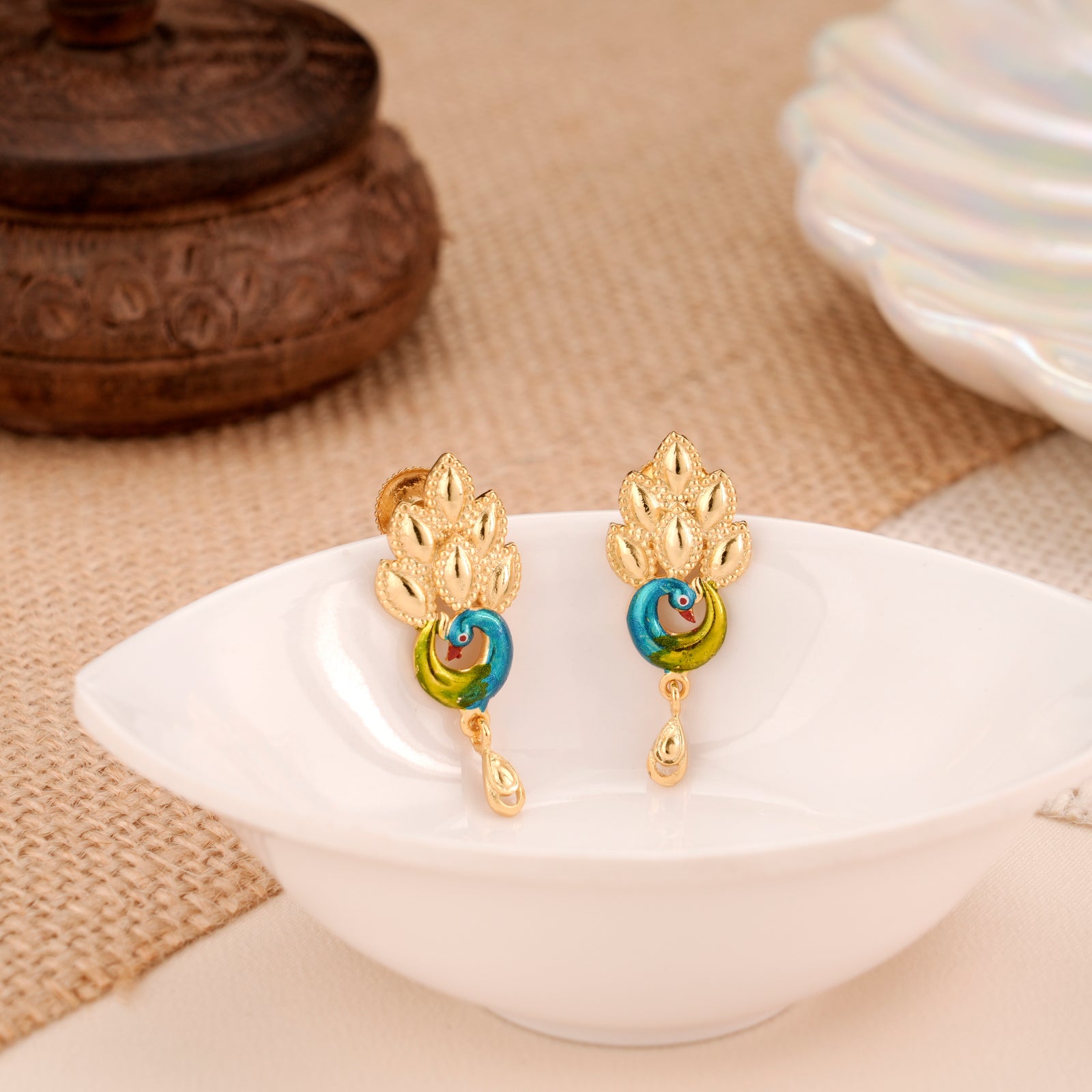 Peacock Enamel Design Casting Golden Stud