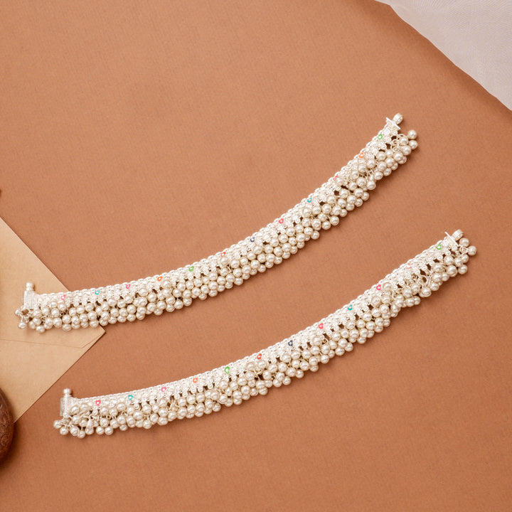 Color Enamel Pattern Drop Silver Anklet with Bells