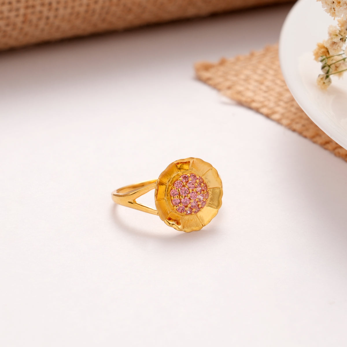 Blooming Flower Pink Stone Golden Ring
