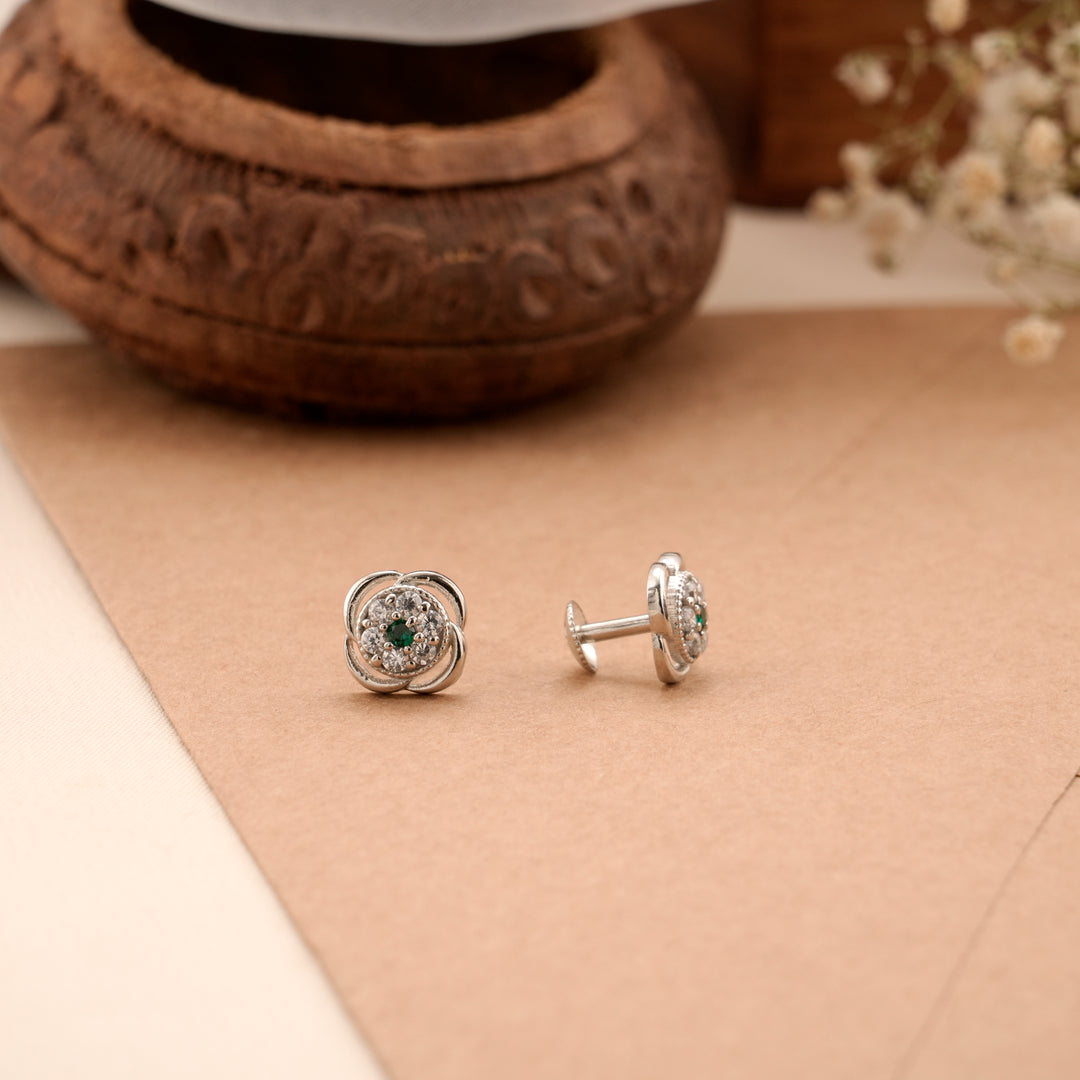 Floral Cluster Green Silver Stud