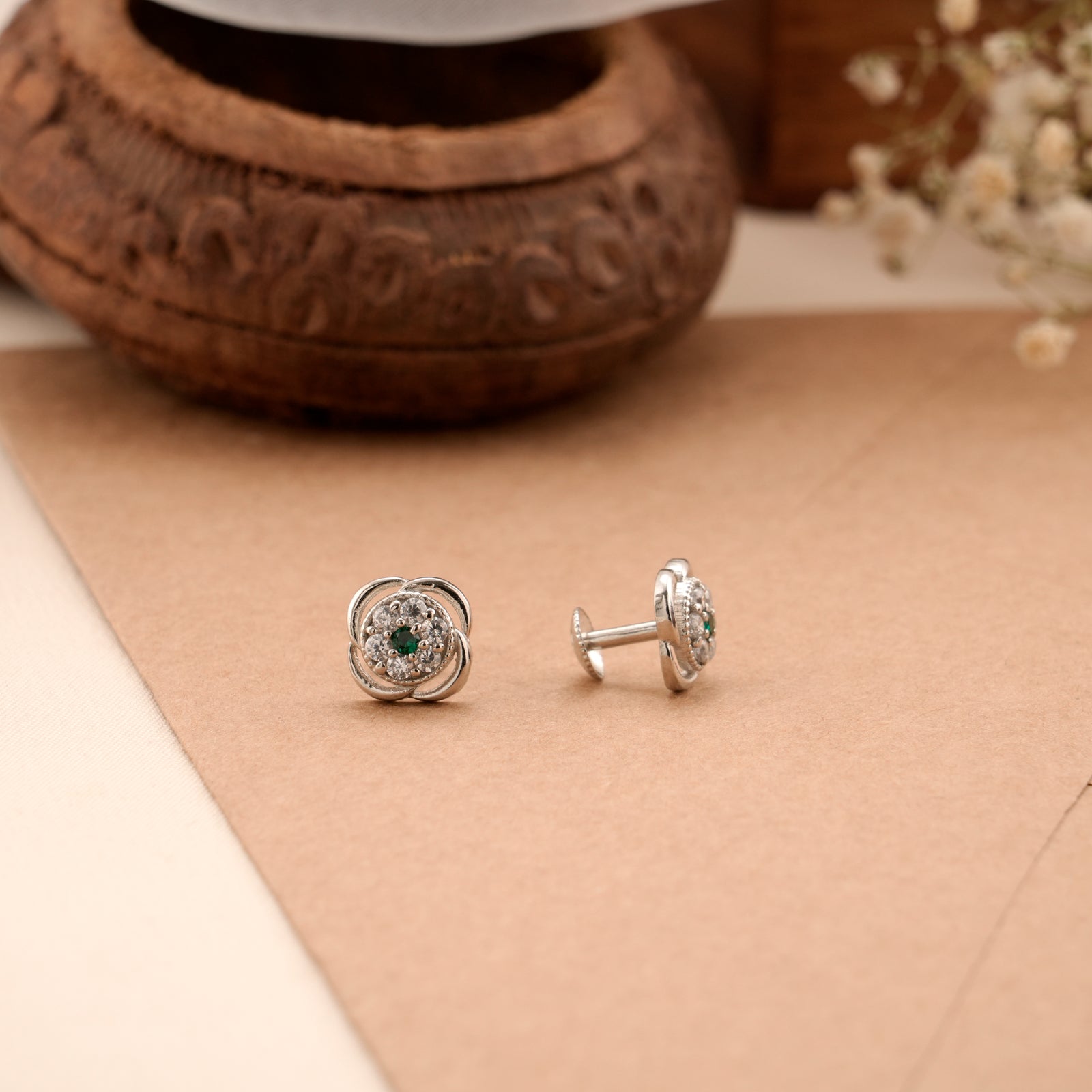 Floral Cluster Green Silver Stud