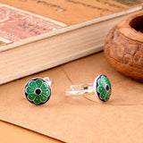 Blue Green Enamel Floral Design Silver Toe Ring