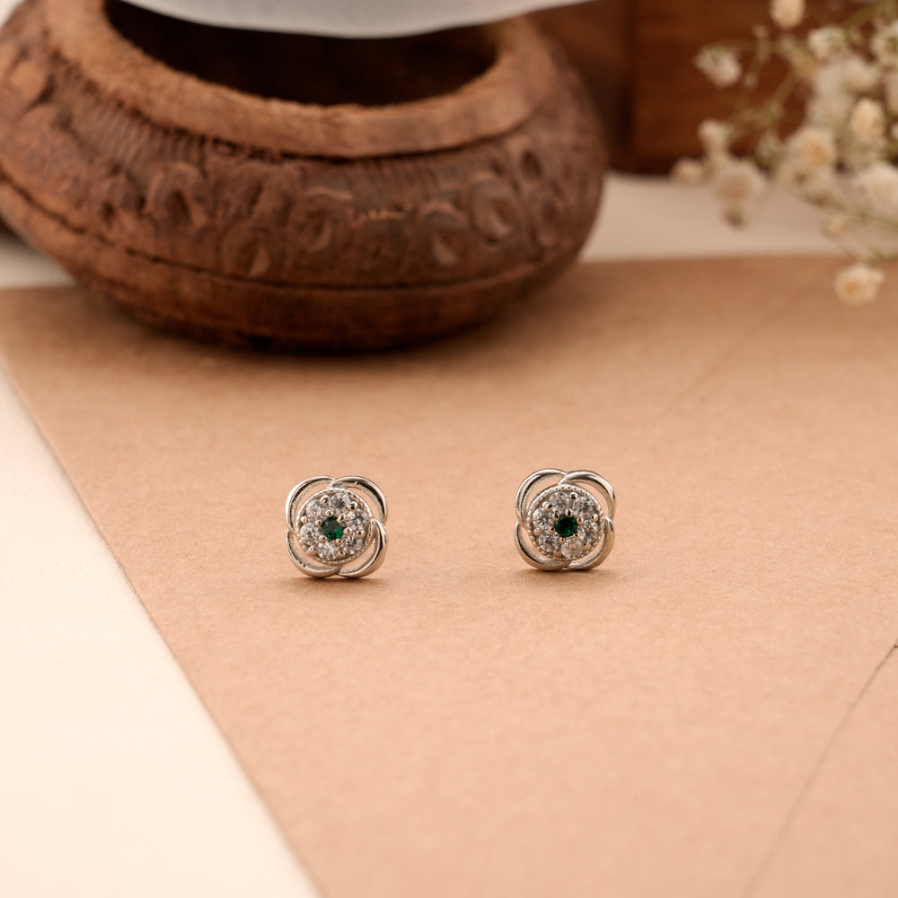 Floral Cluster Green Silver Stud