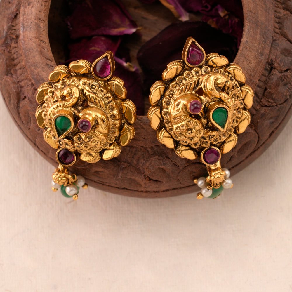 Antique Peacock Design Golden Kundan Stud