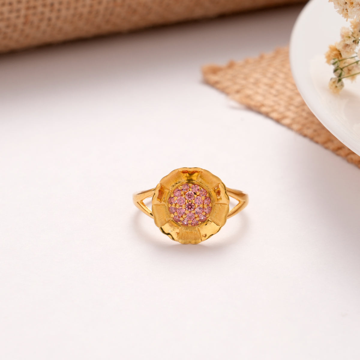 Blooming Flower Pink Stone Golden Ring