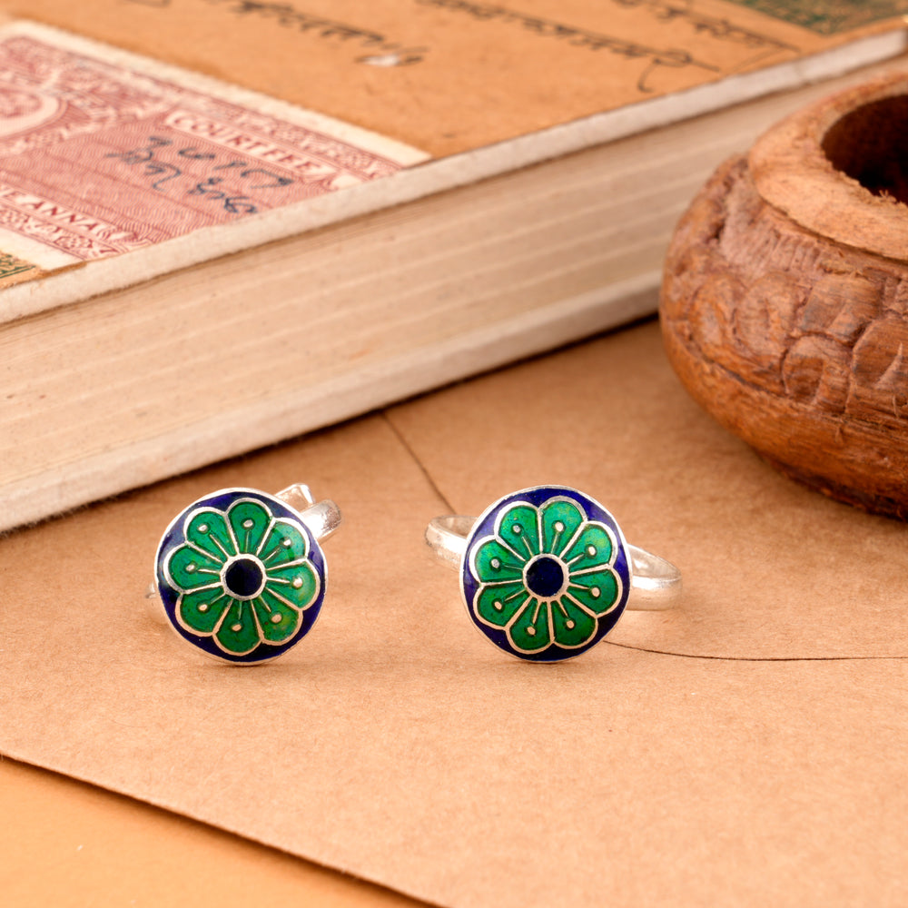Blue Green Enamel Floral Design Silver Toe Ring