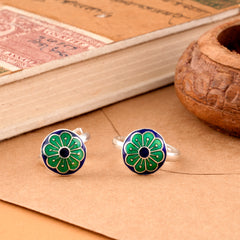 Blue Green Enamel Floral Design Silver Toe Ring
