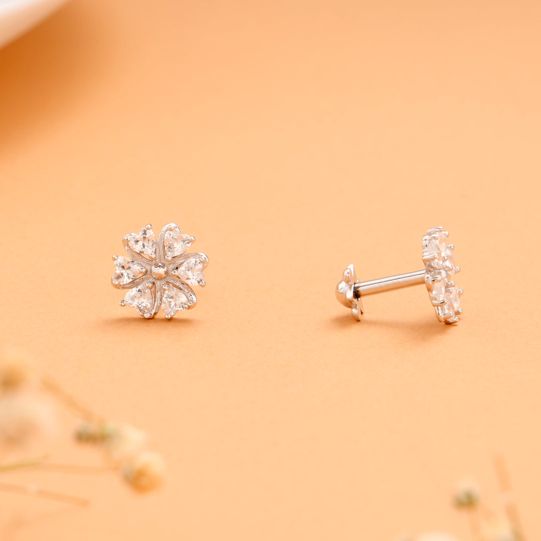 Multi Heart Stone Flower Design Silver Stud