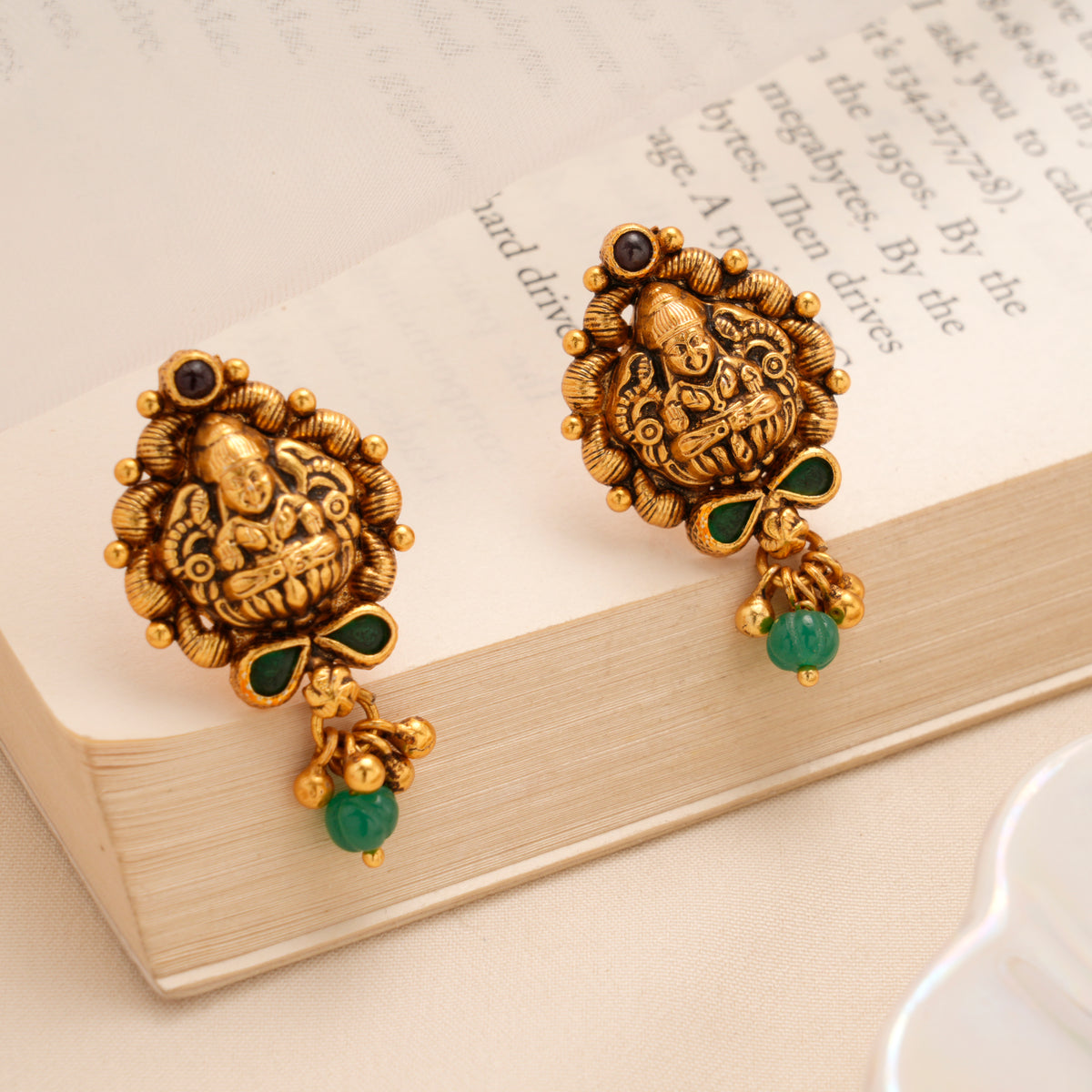 Lakshmi Green Bow Bead Drop Golden Stud