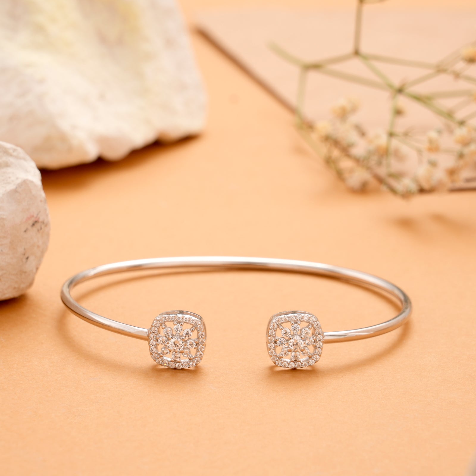 Square Shaped Floral Silver Bracelet