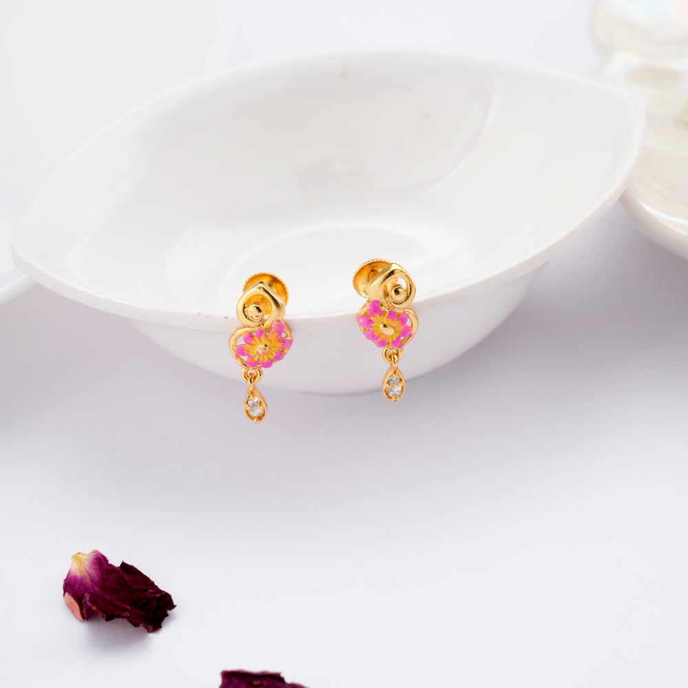 Floral Pink Enamel Golden Drop Earring