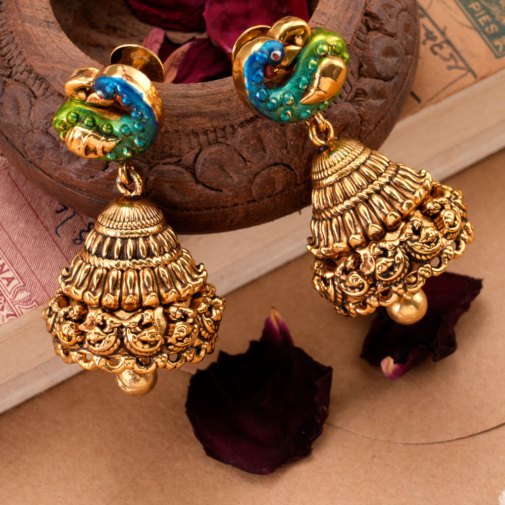 Enamel Peacock with Traditional Bell Drop Jhumkas