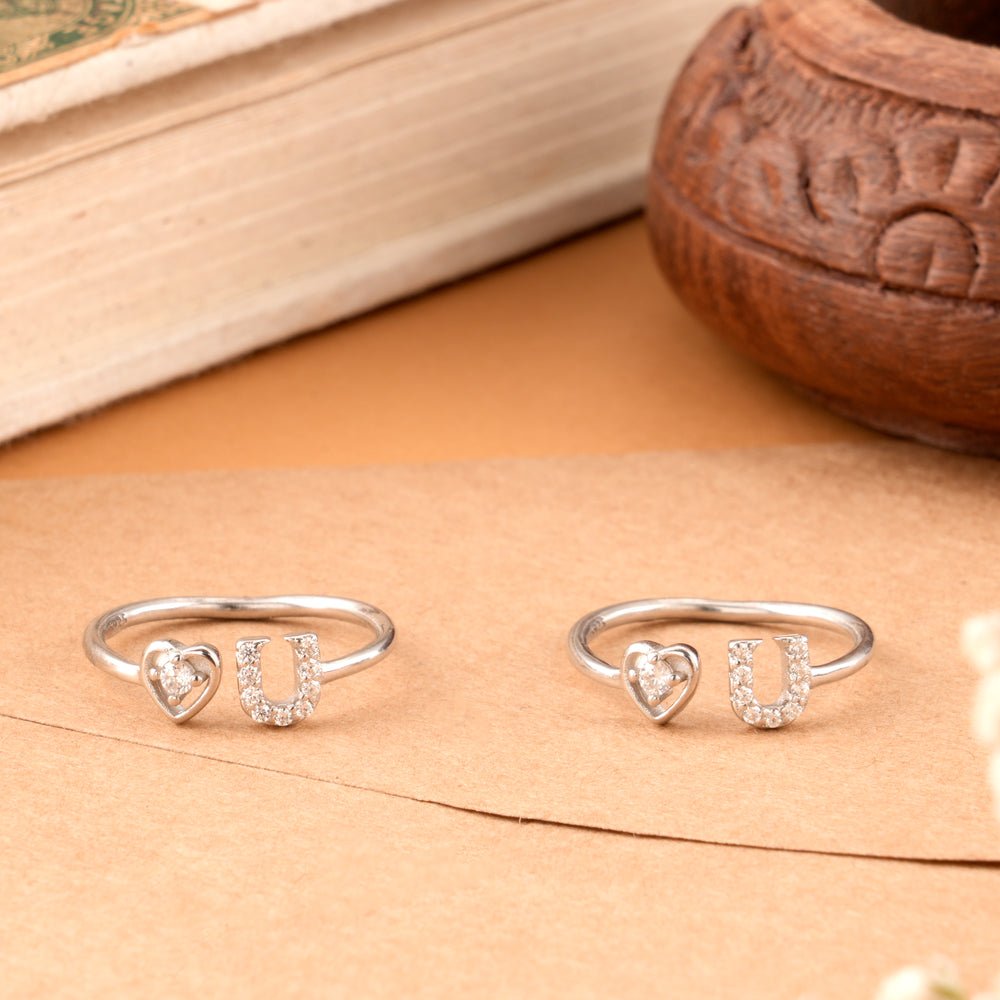 Heart Shape & U White Stone Silver Toe Ring