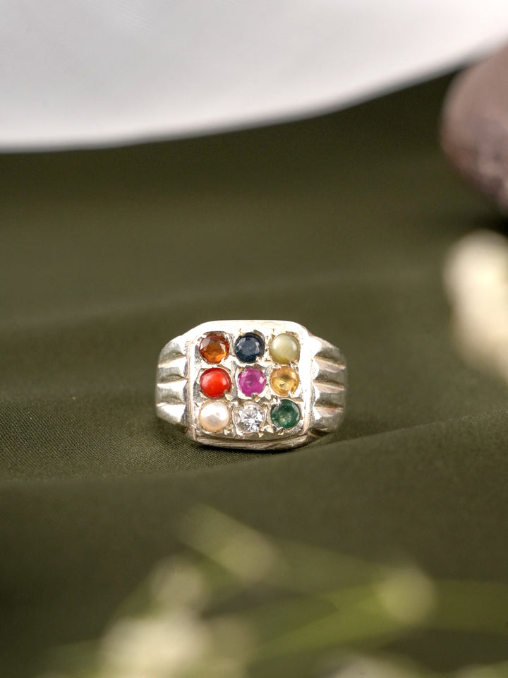Square Shaped Navarathna Gemstone Silver Ring