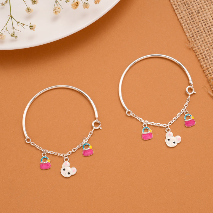 Pink Enamel Teddy Silver Baby Bangle