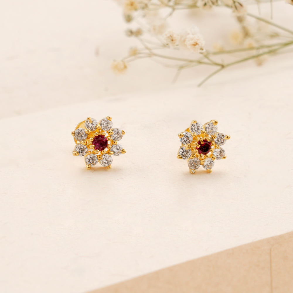 Floral Pattern Centre Ruby Golden Earring