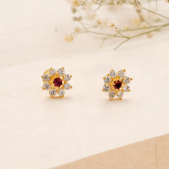 Floral Pattern Centre Ruby Golden Earring