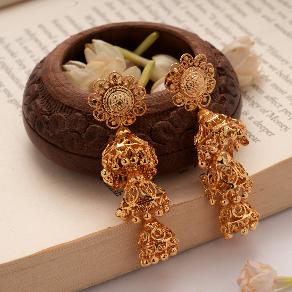 Sun Burst Flower Three Layer Design Golden Jhumkas
