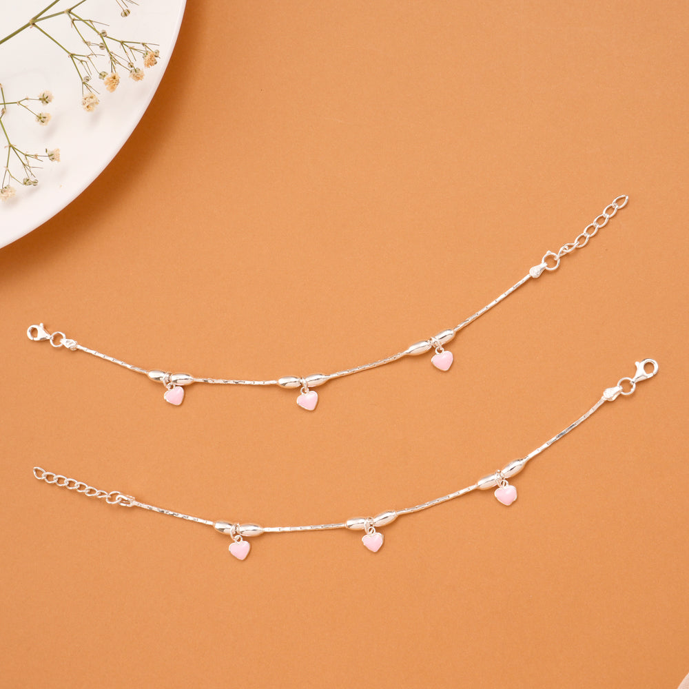 Charm Pink Heart Silver Baby Anklets